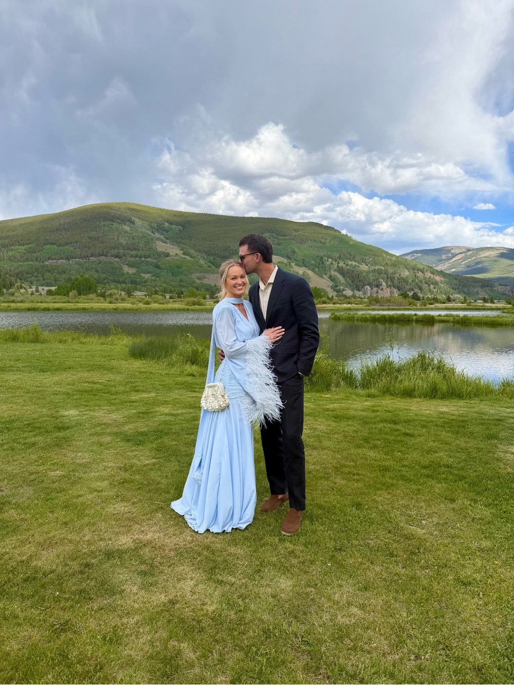 Bronx and Banco Powder Blue Feather-Trim Maxi Dress